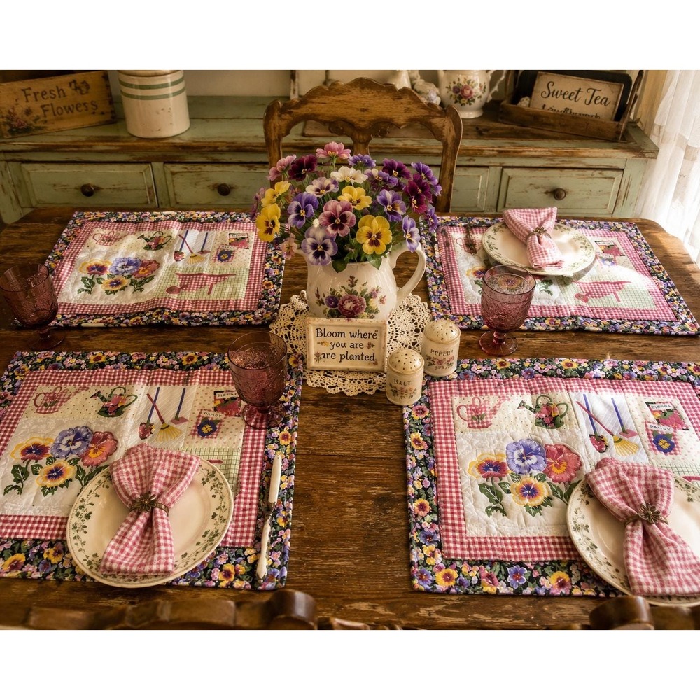 Vintage Quilted Placemats Set of 4, Garden Floral Pansy Gingham Table Mats,